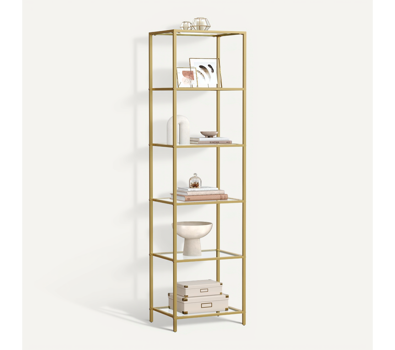 étagère En Verre 6 Niveaux, Bibliothèque, Présentoir, Verre Trempé, Montage Facile, Doré
