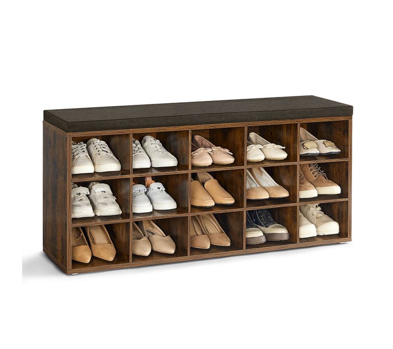 Banc à Chaussures, Meuble D’entrée, Assise Rembourrée Et 15 Compartiments,marron Rustique Et Marron