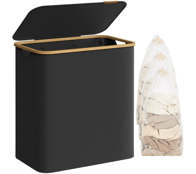 Panier à Linge Avec Couvercle à 3 Compartiments, 150l, Sac Amovible, Tissu Oxford, Pliable, Noir