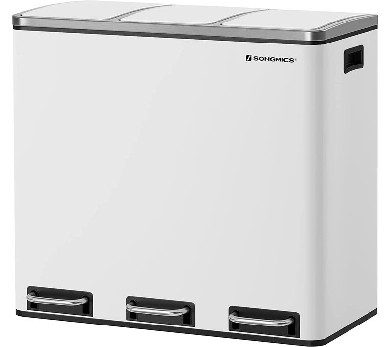 Poubelle Tri Sélectif 3 Bacs, 3 X 18l, Couvercle à Fermeture Lente, Pour Cuisine, Blanc