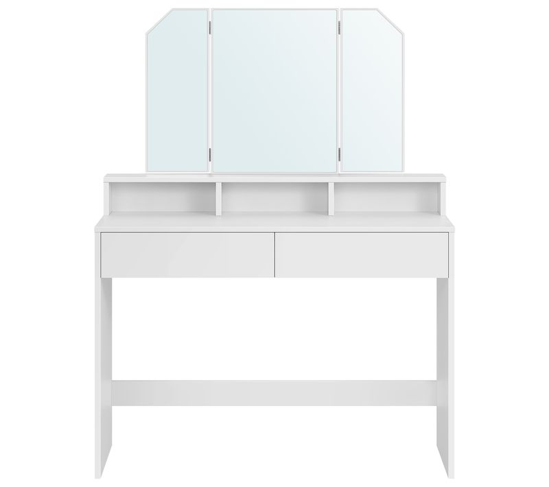 Coiffeuse Avec 3 Miroirs, 2 Tiroirs Et 3 Compartiments De Rangement, Sans Tabouret, Blanc
