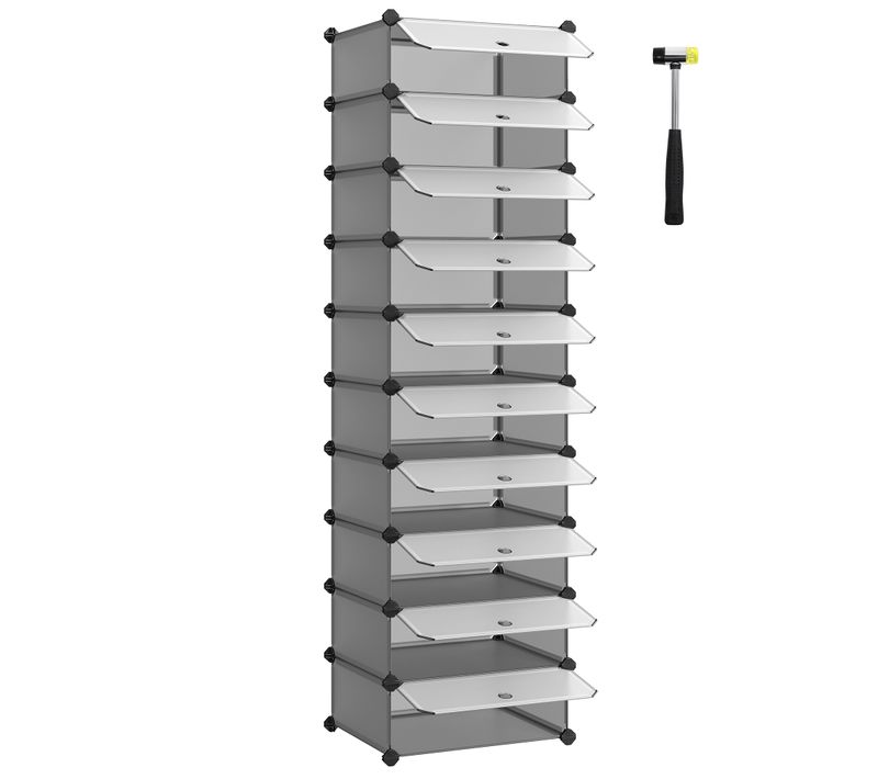 Meuble à Chaussures Avec 10 Compartiments, Étagère Modulable En Plastique, Avec Porte, Maillet, Gris