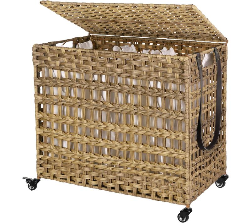 Panier à Linge Tissé à La Main, Corbeille à Linge Imitation Rotin, Mobile, 3 Compartiments De Tri