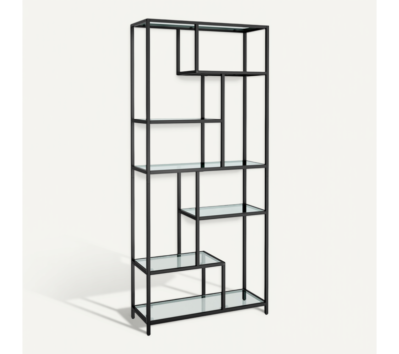 Bibliothèque, 6 Niveaux, 30 X 80 X 180 Cm, Verre Trempé, Noir Pur