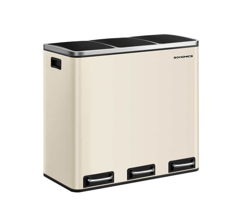 Poubelle Cuisine, 3 X 18l, Poubelle De Tri, 3 Compartiments, Pédales, Seaux Intérieurs, Beige Sable