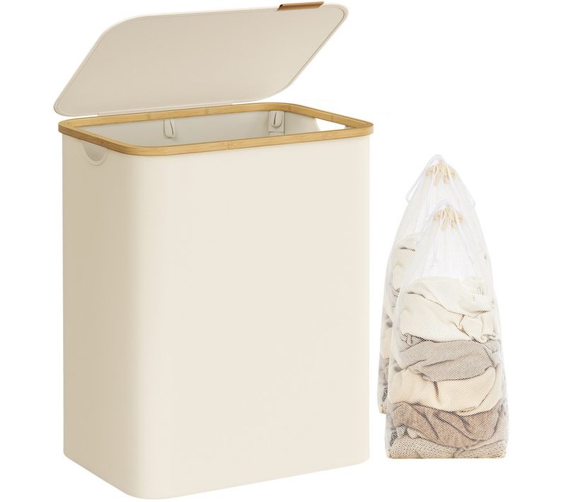 Panier à Linge Avec Couvercle à 2 Compartiments, 130l, Pliable, 52 X 38,5 X 70,5 Cm, Blanc Crème