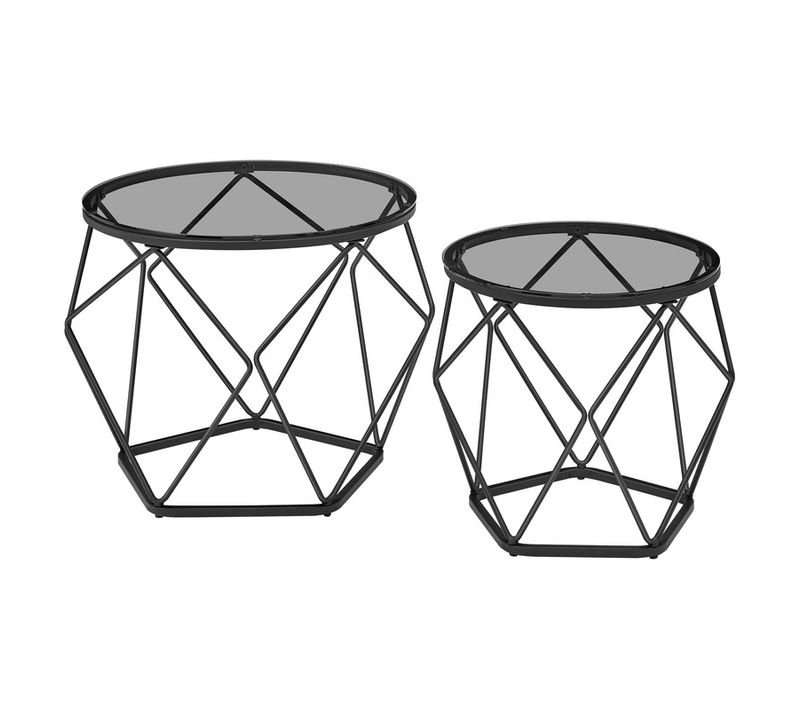 Table Basse Ronde, Lot De 2, Plateau Amovible, Cadre En Acier, Gris Ardoise Et Noir D'encre