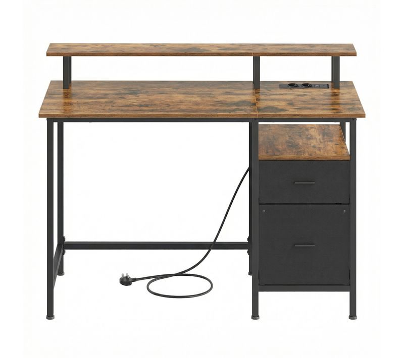 Bureau Gaming, avec Tiroirs en Tissu, Multiprise, 2 Ports USB, 120 x 60 cm, Marron Rustique