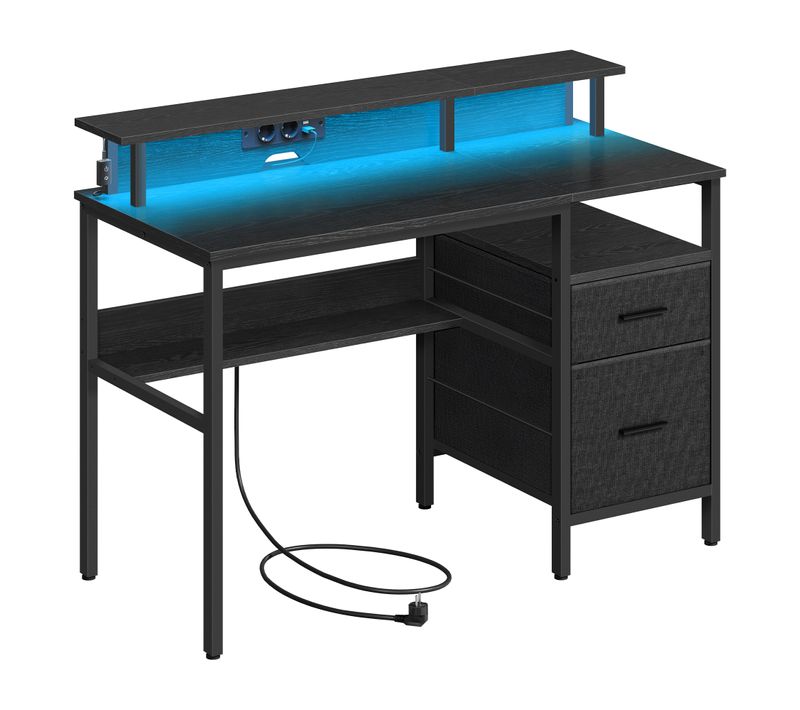 Bureau Gaming Avec Lumières LED Et Multiprise,avec Support D'écran, 2 Tiroirs, 2 Ports USB, Noir