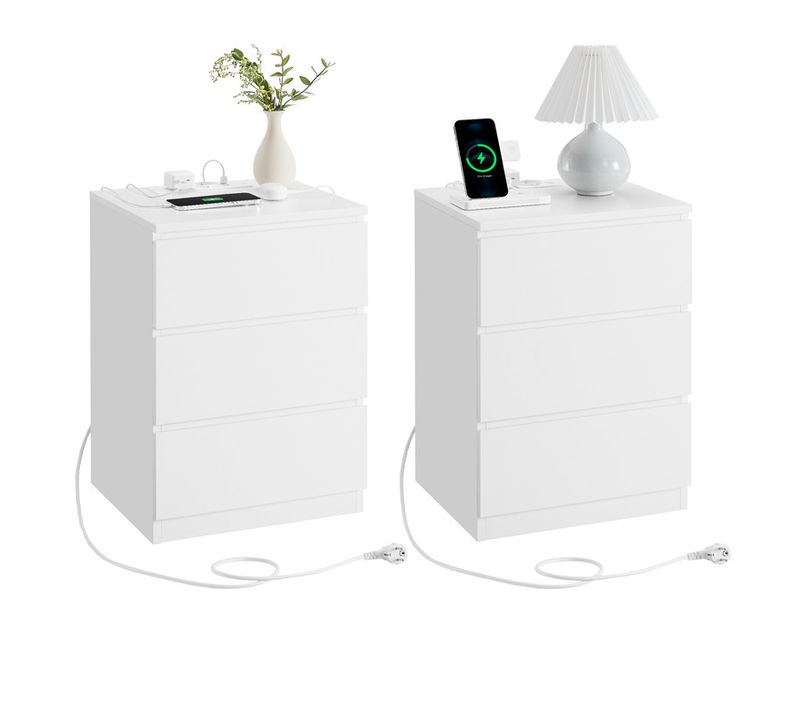 Table De Chevet Avec Multiprise, Lot De 2, Table D’appoint Avec 3 Tiroirs, 2 Prises Ca, Blanc Nuage