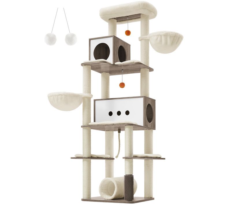 Arbre à Chat, Avec 2 Niches, 2 Paniers, 4 Griffoirs, Toiletteur, Tunnel, Plate-forme, Grège Chiné