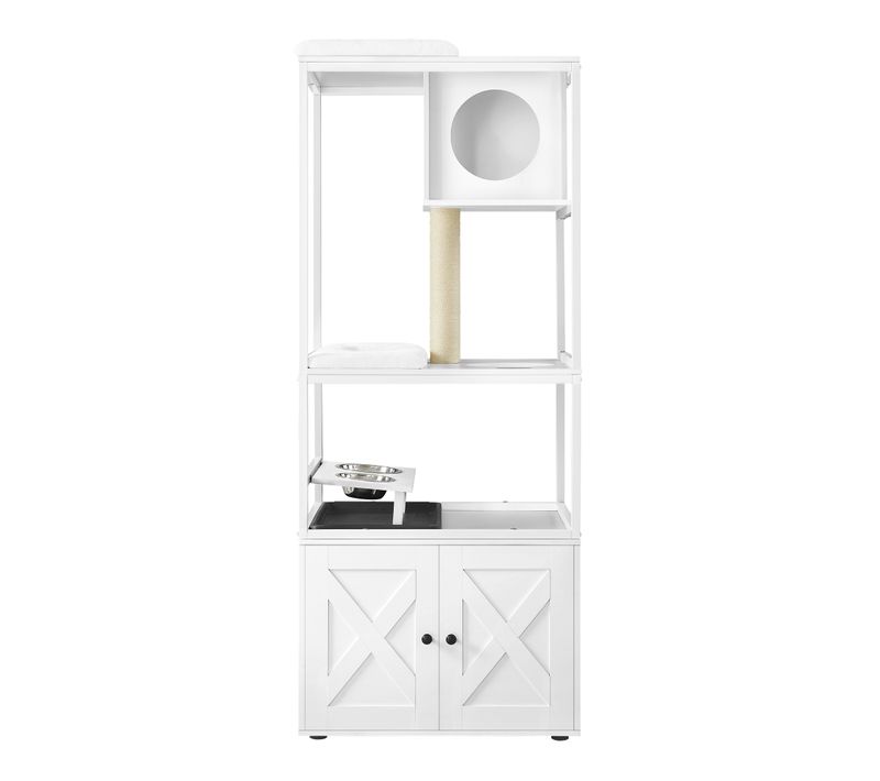 Arbre à Chat, Avec Cache-litière, Gamelles Surélevées, Poteau à Griffer En Sisal, Blanc Nuage