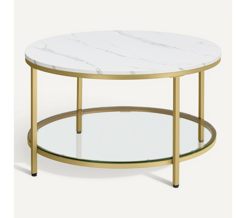 Table Basse, Façon Marbre, Support En Verre Trempé, Blanc Marbré Et Doré Métallique