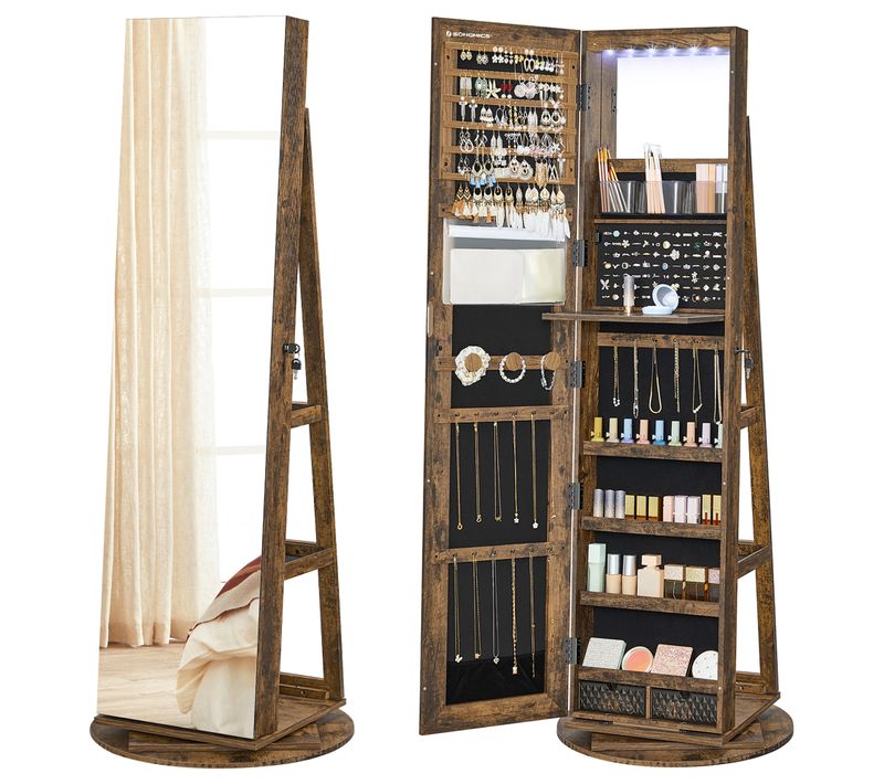 Armoire à Bijoux Avec Miroir Sur Pieds, Pivotant 360°, Surface En Marron Rustique, Doublure En Noir