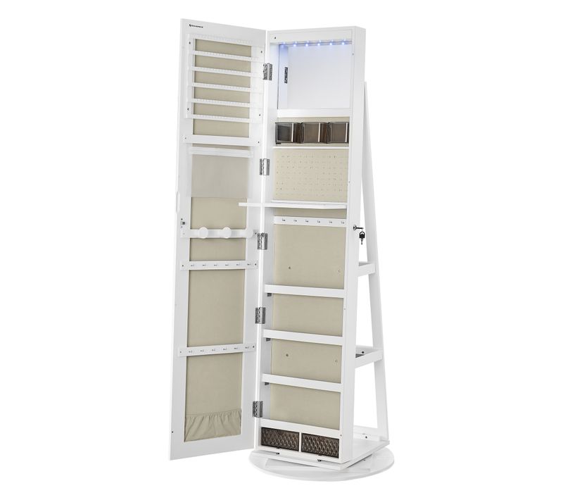 Armoire à Bijoux Avec Miroir Sur Pieds, Avec 6 LED, Pivotant 360°,surface En Blanc,doublure En Grège