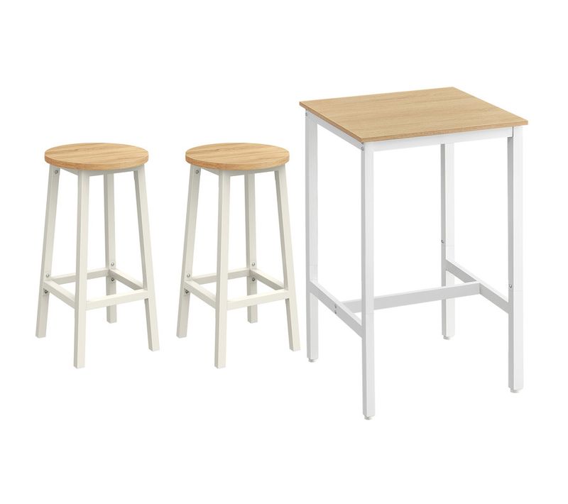 Ensemble Table Haute Avec 2 Tabourets De Bar, Table De Bar Carrée, Couleur Chêne Beige Et Blanc