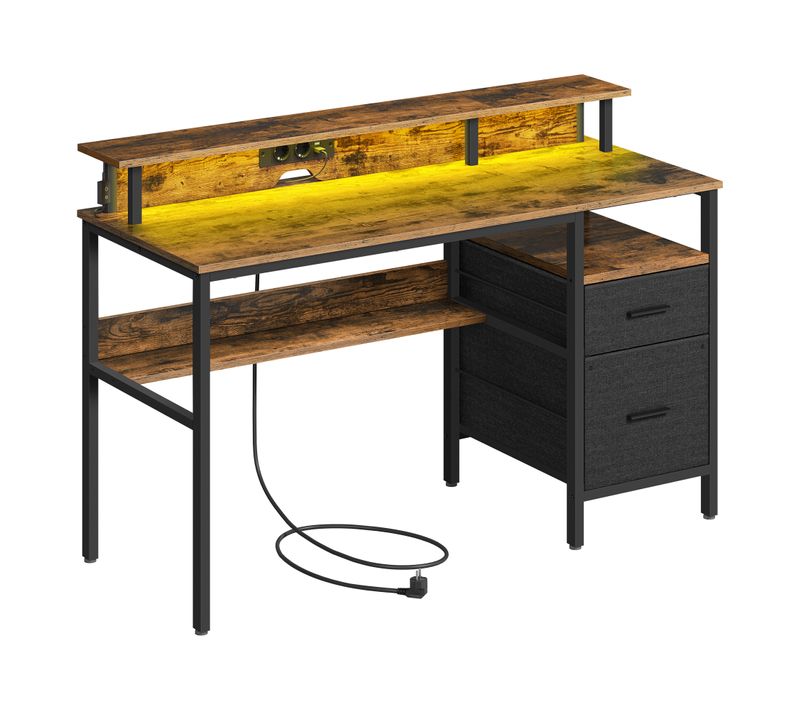 Bureau Gaming Avec Lumières LED Et Multiprise, Bureau Informatique Avec Support D'écran, Marron