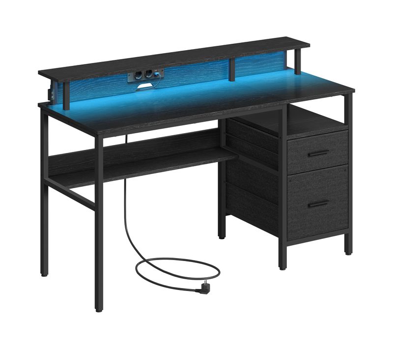 Bureau Gaming Avec Lumières LED Et Multiprise, Avec Support D'écran, 2 Tiroirs, 2 Ports USB, Noir