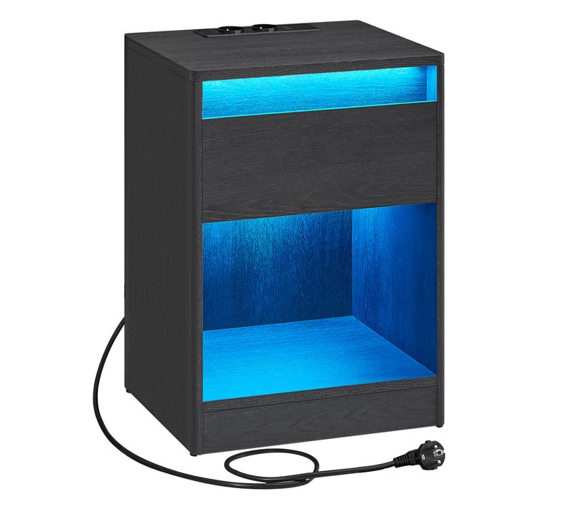 Table De Nuit Avec Multiprise Et Lumières LED Réglables, 2 Prises Électriques, 2 Ports USB, Noir