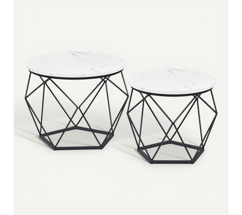 Table Basse Ronde, Lot De 2, Style Moderne, Plateau Amovible, Cadre En Acier, Blanc Et Noir