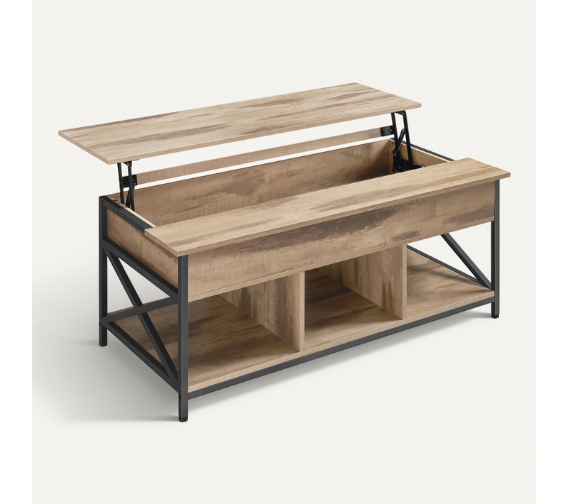 Table De Salon Avec Plateau Relevable, Avec Rangement Ouvert Et Compartiment Caché, Marron Et Noir