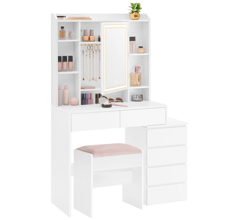 Coiffeuse, Grand Miroir LED à Luminosité Réglable, Tabouret, Étagères Réglables, Blanc Nuage