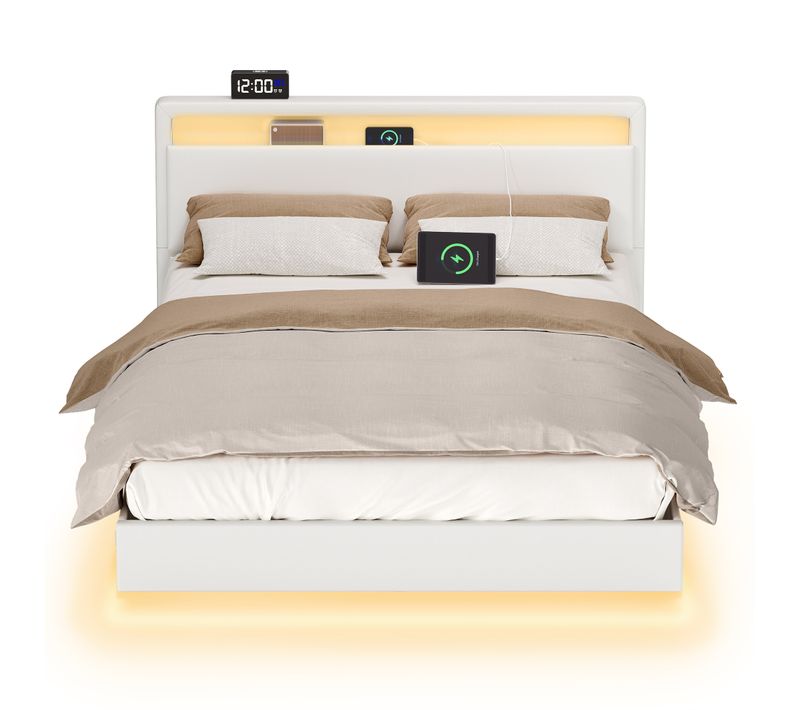 Lit Double, 140 X 190 Cm, Lit Flottant, Lit Avec éclairage LED, Tête De Lit Haute, Multiprise, Blanc