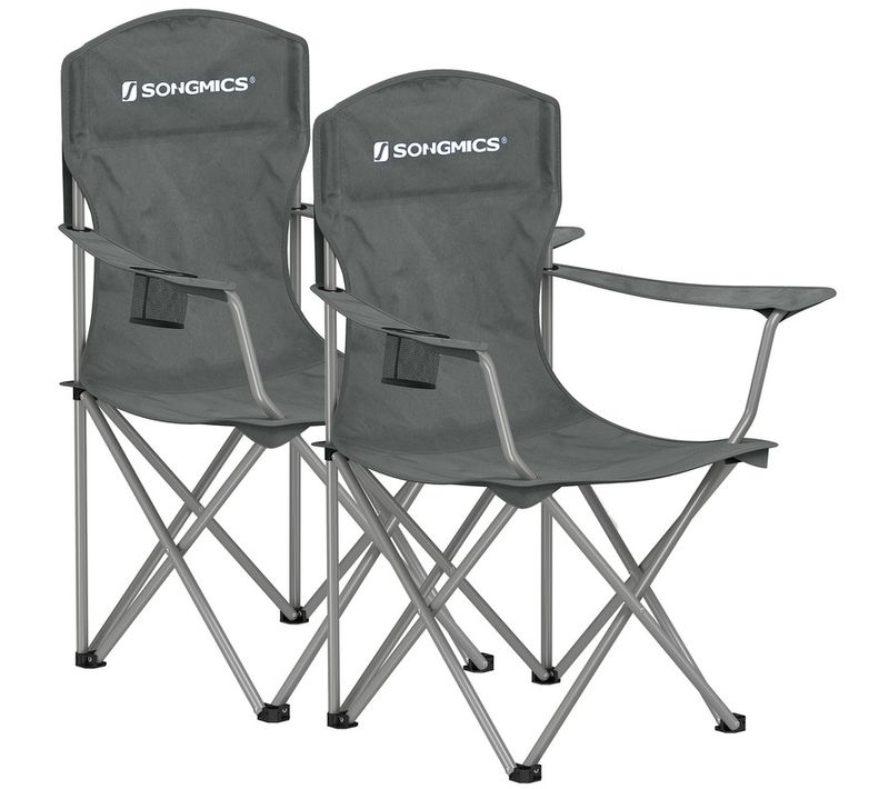 Chaise Pliante Camping, Lot De 2, Dossier Haut, Accoudoir, Porte-gobelet, Portable, Gris Ardoise