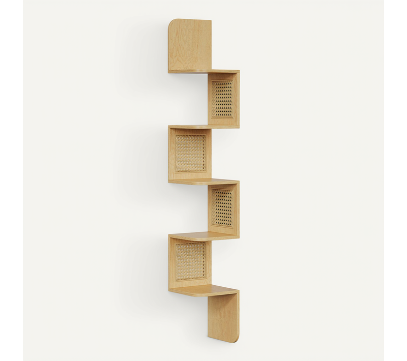 étagère D’angle, étagère Murale Flottante à 5 Niveaux, Côtés En Rotin Pvc, Couleur Chêne Beige