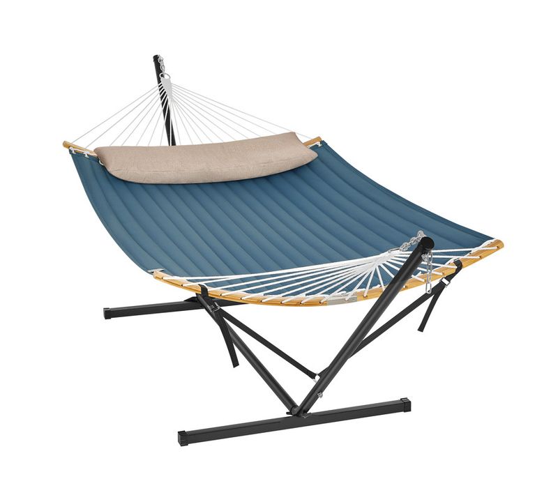 Hamac Avec Support, Barre De Soutien Double, Avec Coussin, Structure Noire Et Hamac Bleu