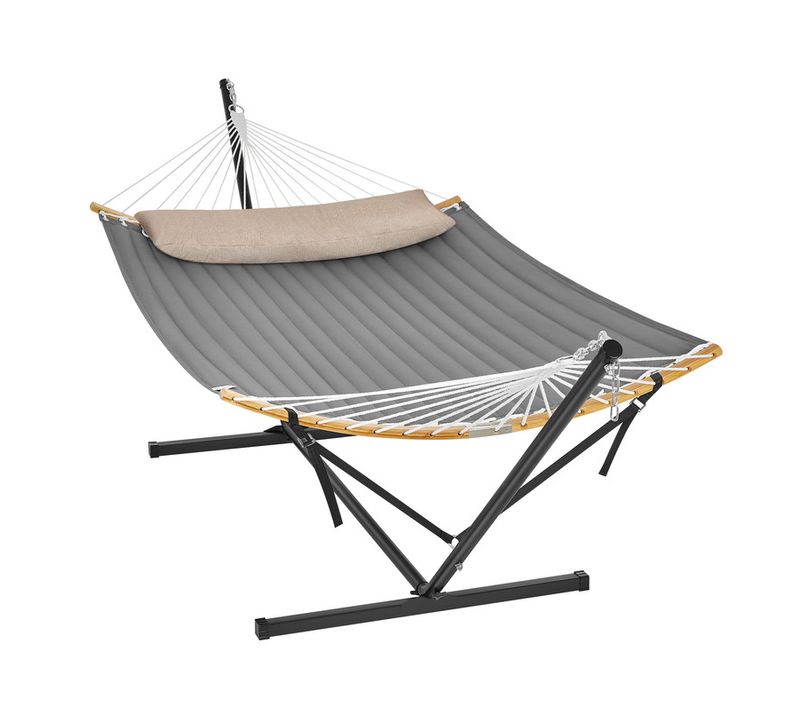 Hamac Avec Support, Barre De Soutien Double, Avec Coussin, Structure Noire Et Hamac Gris