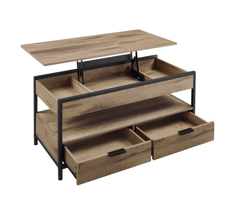 Table Basse Avec Plateau Relevable, Avec Rangement Ouvert Et Compartiment Caché, Marron Et Noir