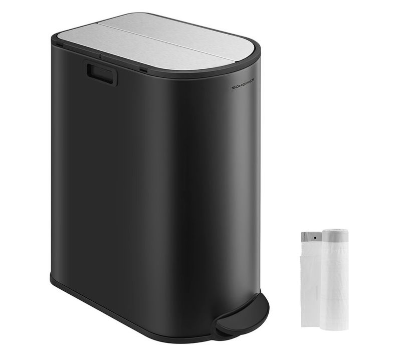 Poubelle De Cuisine Double, 30l Et 20l, 2 Compartiments, Pédales, Noir D'encre Et Argent Métallique