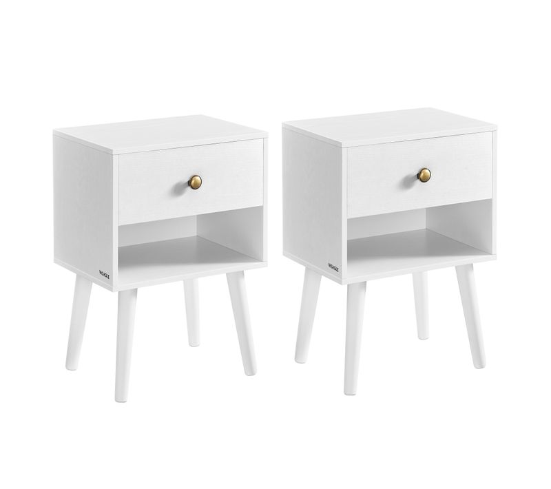 Tables De Chevet, Lot De 2, Tables Basses Avec Tiroir Et Compartiment Ouvert, Pieds En Bois,  Blanc