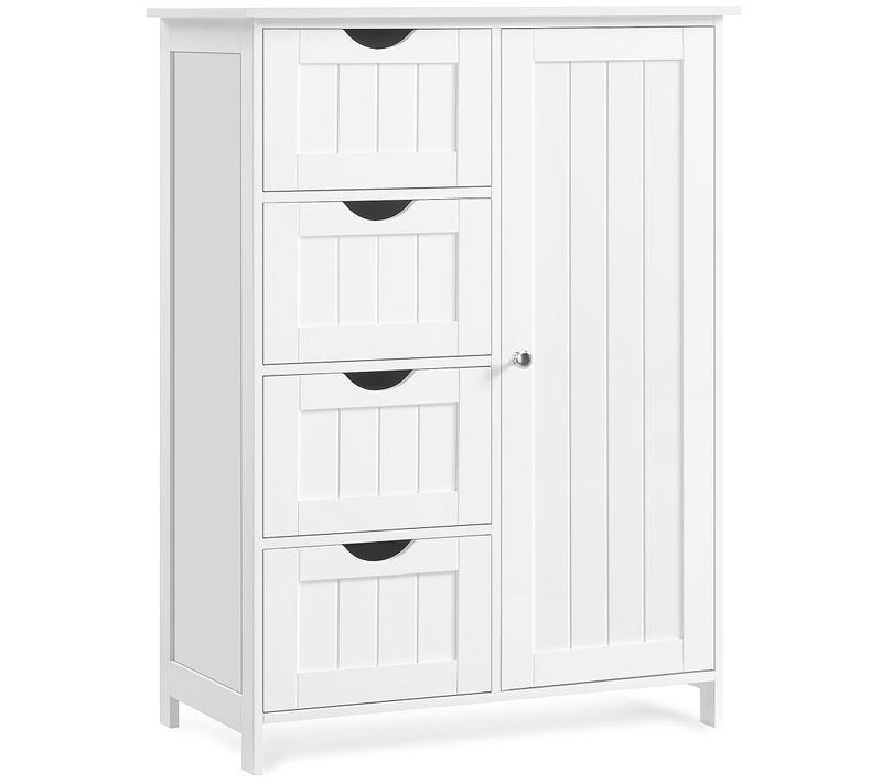 Meuble Salle De Bain Avec 4 Tiroirs, Placard Avec Porte, Étagère Réglable, Blanc Nuage