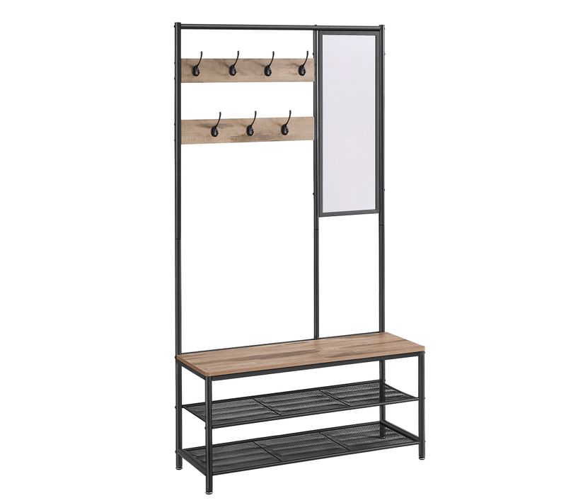 Porte-manteaux, Avec Crochets, Miroir, 35 X 98 X 180 Cm, Style Industriel, Marron Camel Et Noir