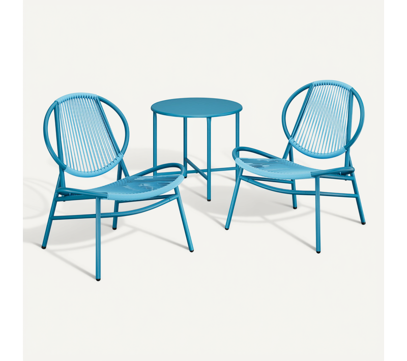 Ensemble Salon De Jardin, 3 Pièces, Chaises Acapulco, Table D’appoint Et 2 Chaises, Bleu Lac