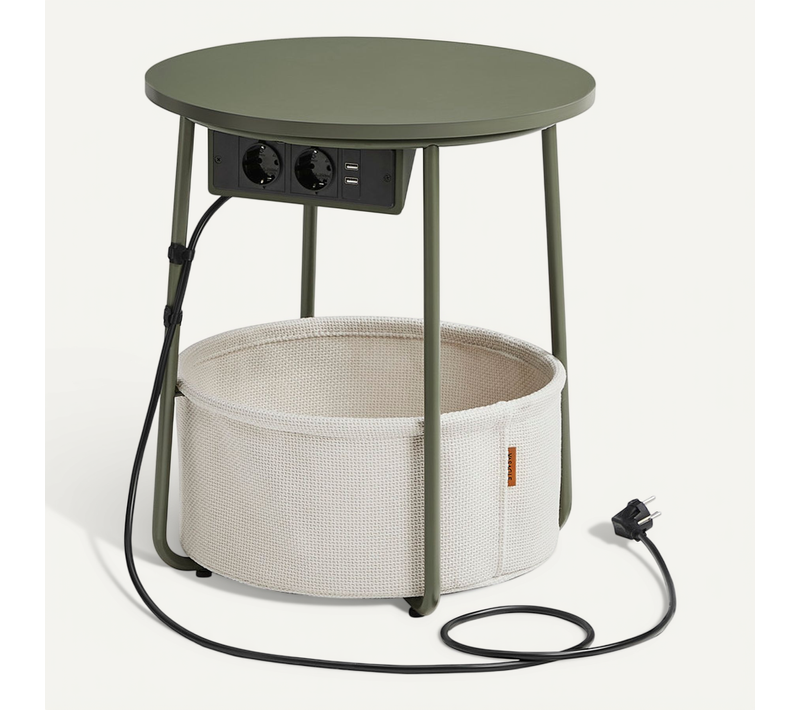 Table Basse Avec Multiprise, Table Ronde, Ports USB, Panier En Tissu, Vert Forêt Et Blanc Crème