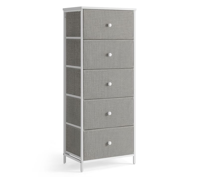 Commode, Colonne De Rangement En Tissu Avec 5 Tiroirs, Cadre En Métal, Gris Tourterelle Et Blanc