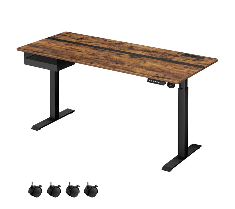 Bureau Électrique Réglable En Hauteur, Multiprise, Tiroir, 70 X 160 Cm, Marron Rustique Et Noir
