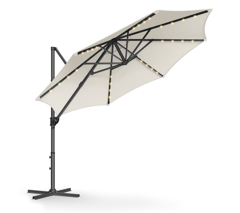 Parasol De Jardin 300 Cm, 28 LED Solaires, Upf 50+, Pivotant à 360°, Inclinaison Fluide, Blabc Crème