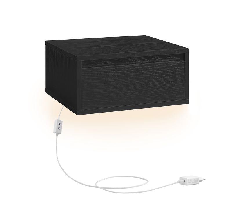 Table De Chevet Suspendue, Lumière 3 Couleurs, Étagère Murale Tiroir, 35 X 40 X 18 Cm, Noir Boisé