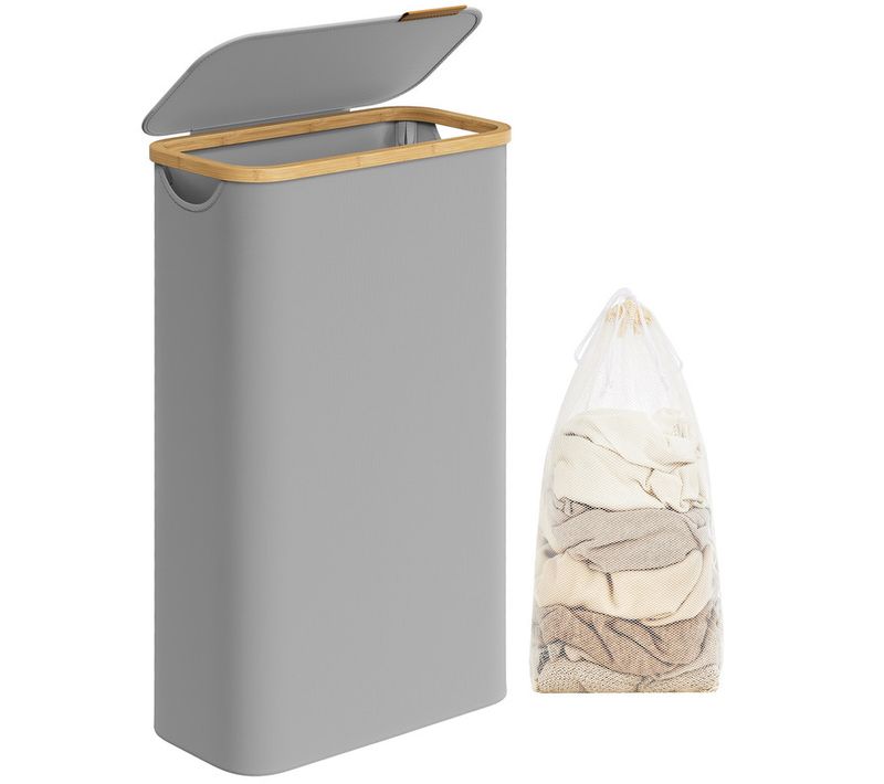 Panier à Linge Mince Avec Couvercle, 65l, Doublure En Maille Amovible, Pliable, Gris Tourterelle