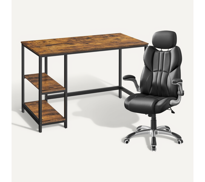Chaise Ergonomique avec Bureau, Noir et Marron Rustique