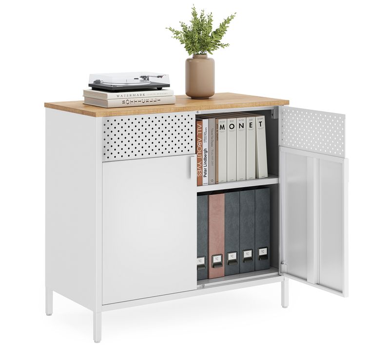 Meuble De Rangement, Double Porte, Fermeture Magnétique, Cadre En Acier, Couleur Boisée Et Blanc