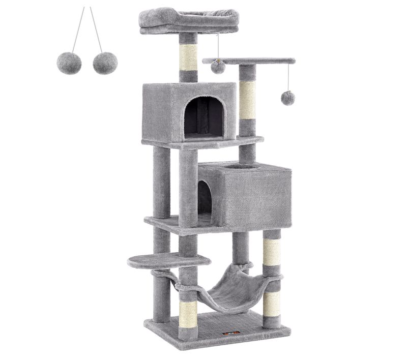 Arbre à Chat 155 Cm De Hauteur, Tissu Peluche, Multi-niveaux, Gris Clair