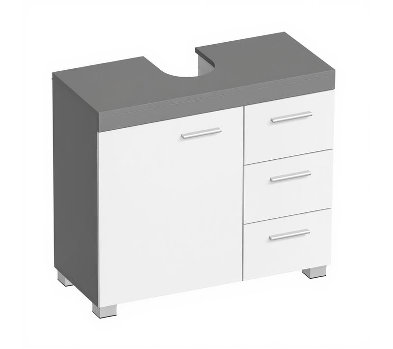 Meuble Sous Lavabo, 3 Grands Tiroirs, Placard Sous Vasque, 30 X 70 X 64 Cm, Blanc Et Gris Ciment
