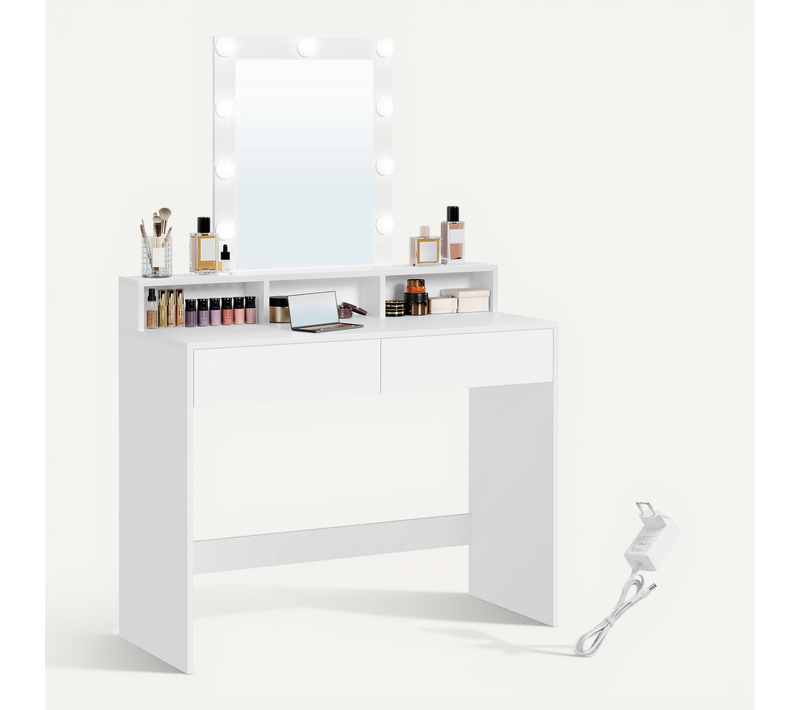 Coiffeuse, Miroir LED à Luminosité Réglable, 2 Tiroirs Et 3 Compartiments, Coin Beauté, Blanc