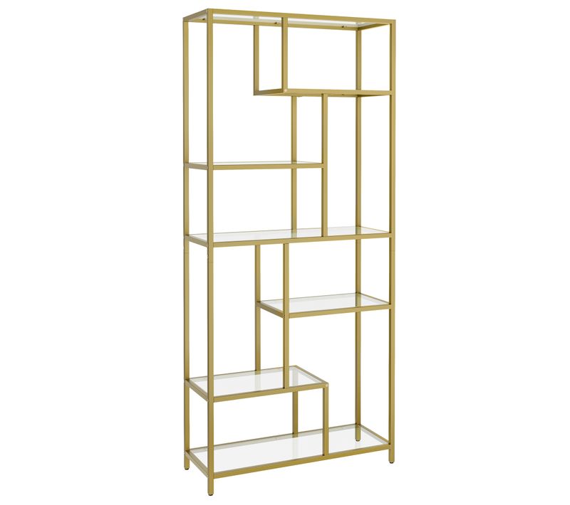 Étagère De Rangement, Bibliothèque, 6 Niveaux, 30 X 80 X 180 Cm, Verre Trempé, Doré Métallique