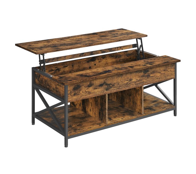 Table Basse, Table De Salon Avec Plateau Relevable, 60 X 120 X (48-62) Cm, Marron Rustique Et Noir